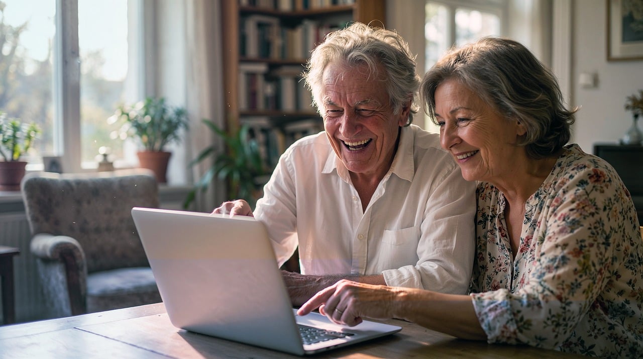 Seniors laughing with a laptop at home